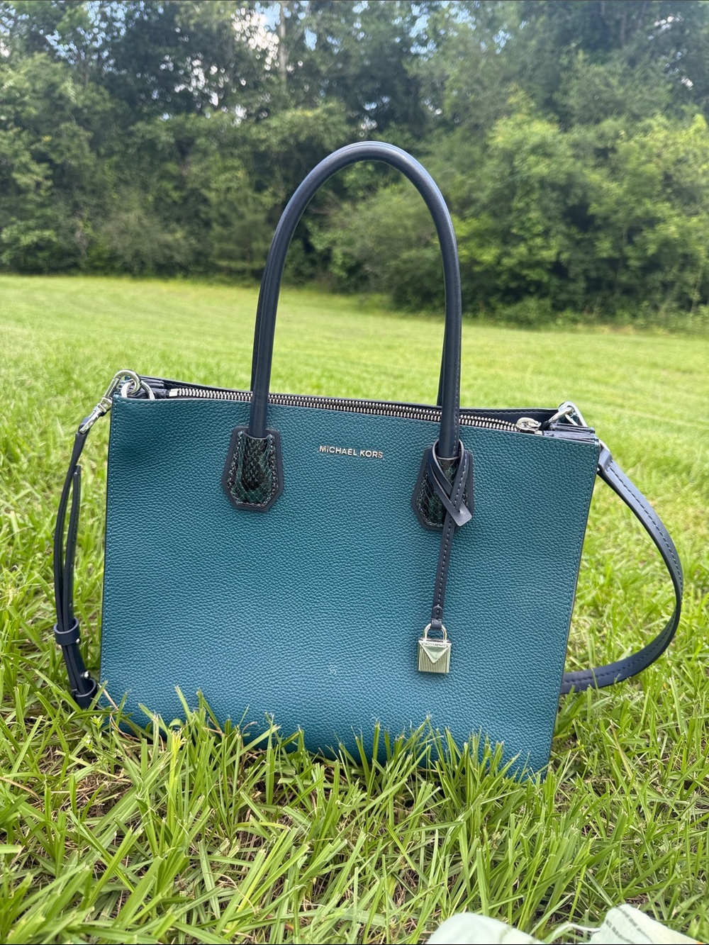 Michael Kors Teal and Black Leather Satchel